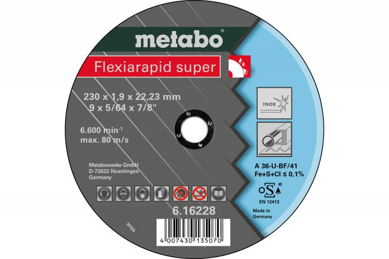 Disco De Corte Metabo 230 X 1,9Mm (9) Flexiarapid Tf41 Inox. Cd.:6162280